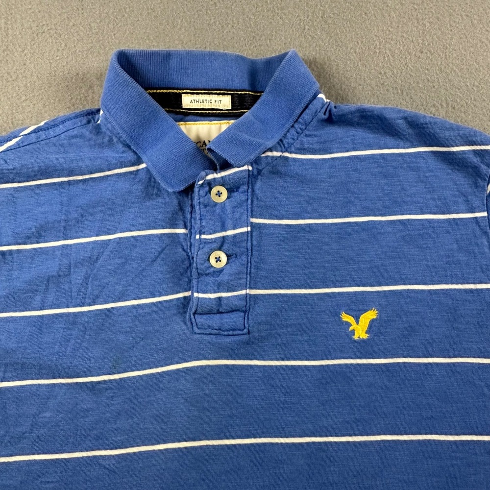 American Eagle Mens Athletic Fit Polo Shirt Blue White Striped Cotton Medium